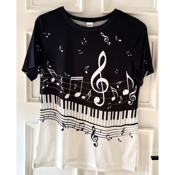 Boutique Tops - Music Note Piano Keyboard Top Size XL Black White Short Sleeve Stretch Shirt